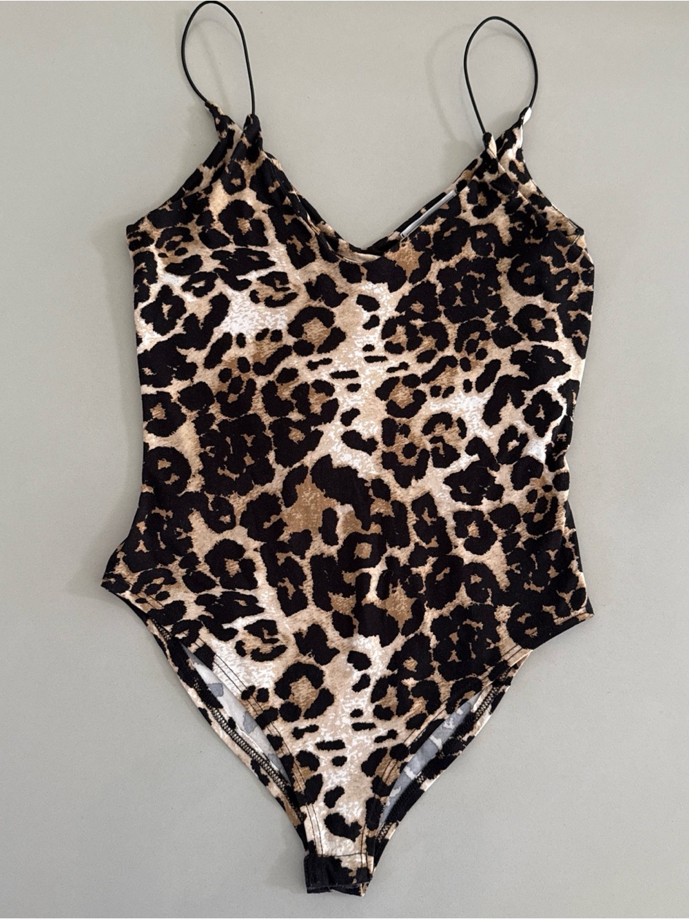 gaze Leopard Print Spaghetti Strap Bodysuit in Black and Tan Animal Print